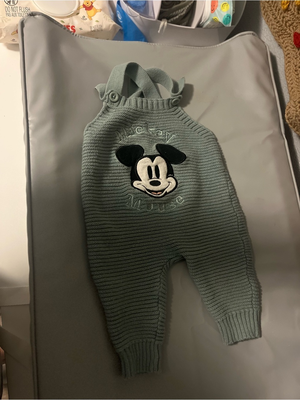 Mickey Mouse Knit Overalls in Sage Green